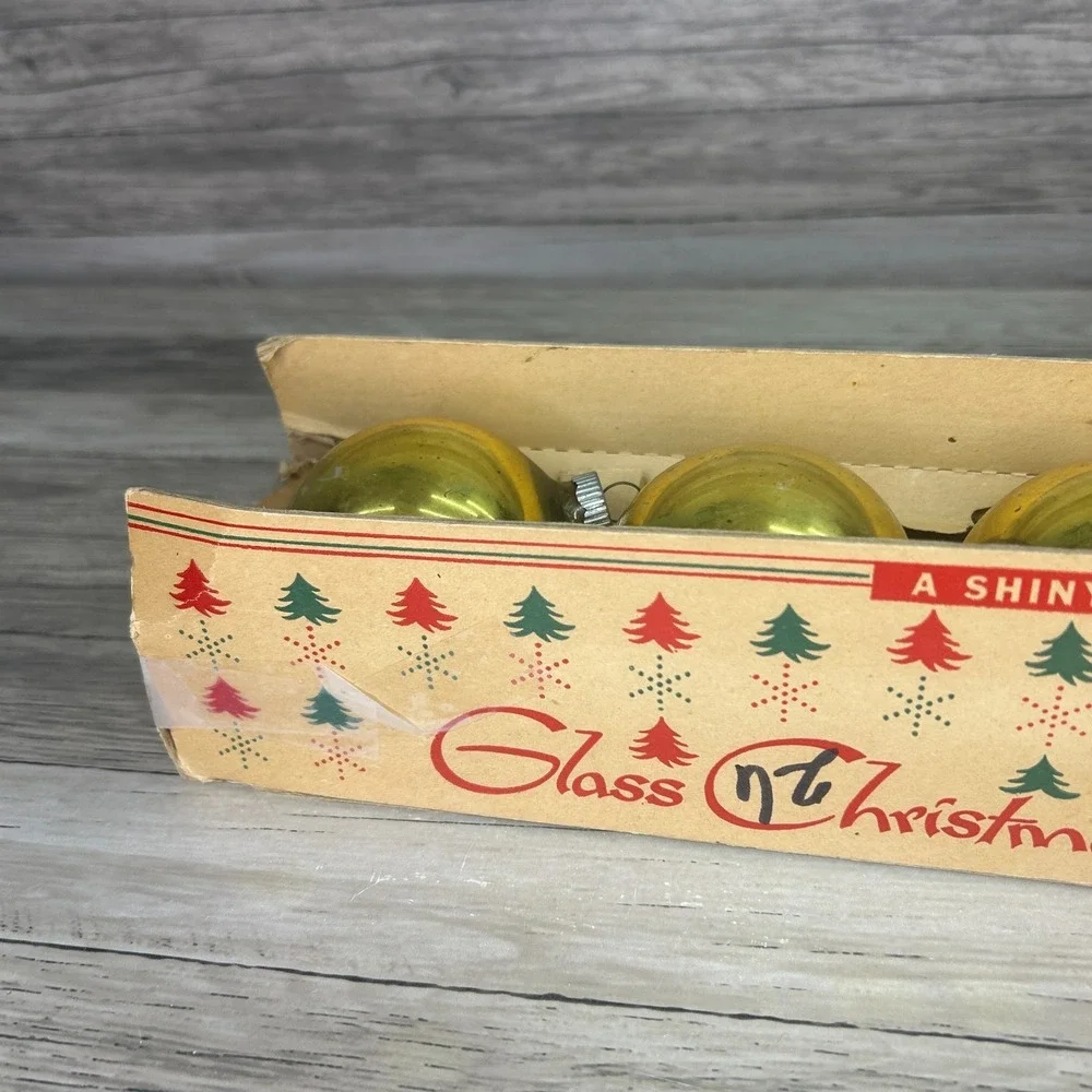 Vintage Shiny Brite Glass GOLD Christmas Ornaments in Original Box